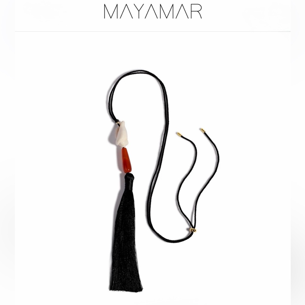 Mayamar Black Tassel Necklace with Coral and Ivory Stones